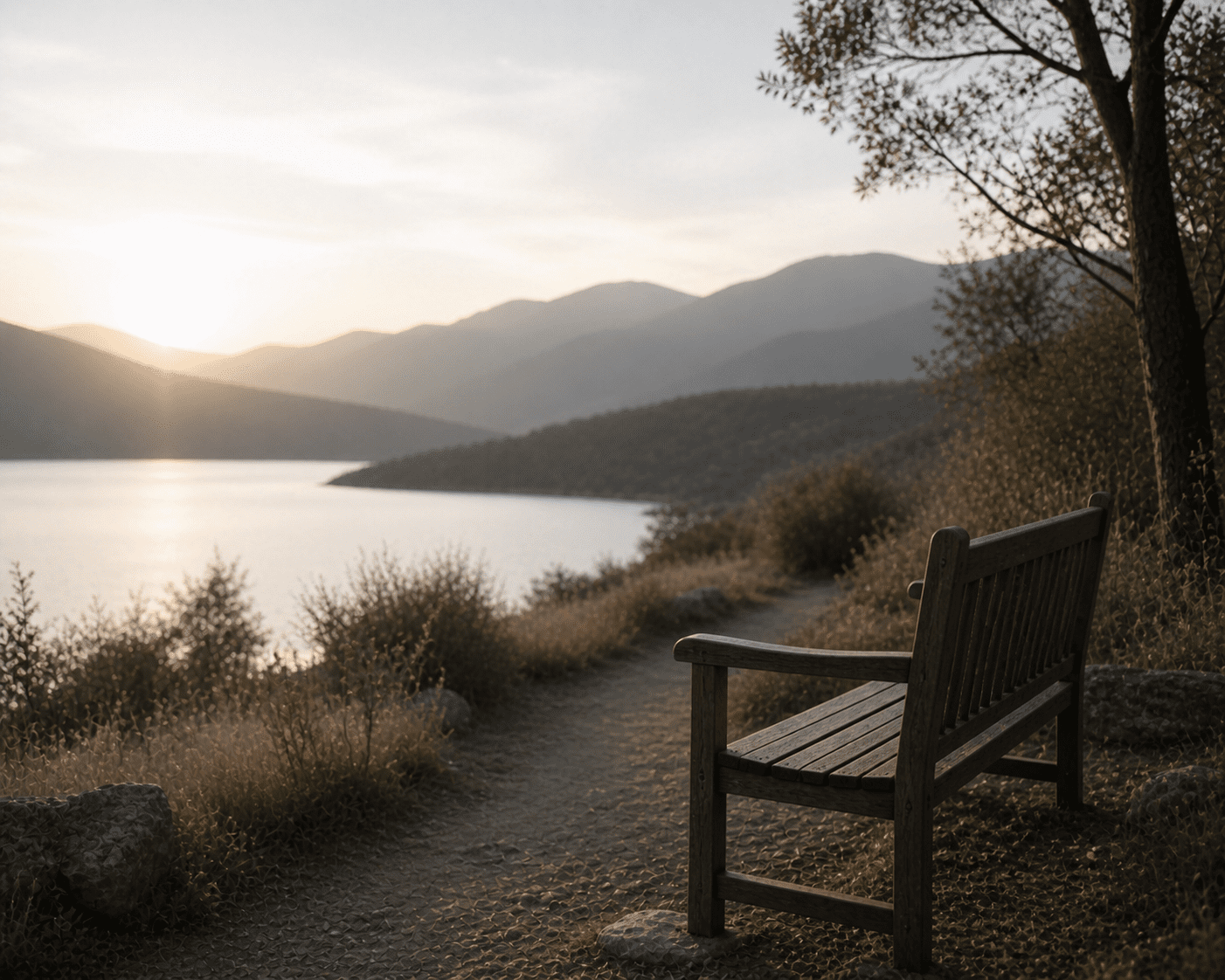 A quiet bench overlooking still water at sunrise — a moment of pause and reflection