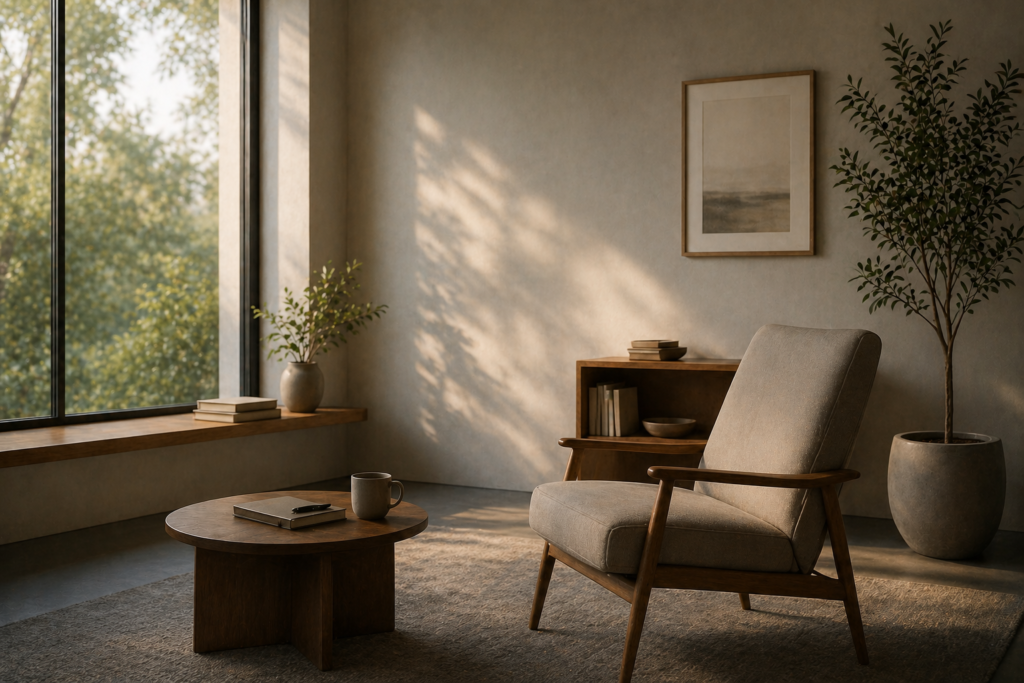 Coaching 1 A quiet, warmly lit room with an armchair and books —
representing a safe space for reflection and conversation